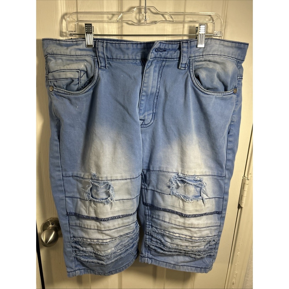 Smoke Rise Shorts Mens 36 Blue Denim‎ Distressed Mid Rise Stretch Missing Button